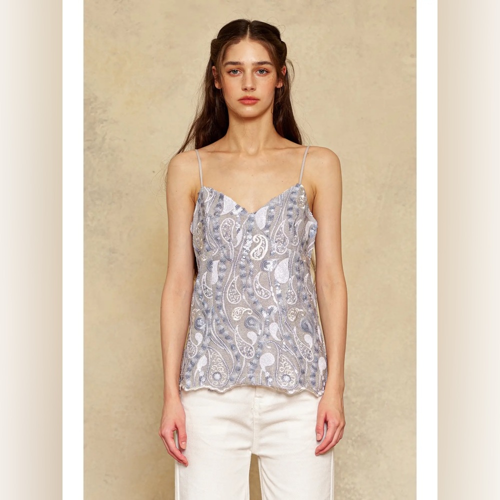 Rosie Posie Lace-Trim Paisley Satin Cami Top - Silver Gray